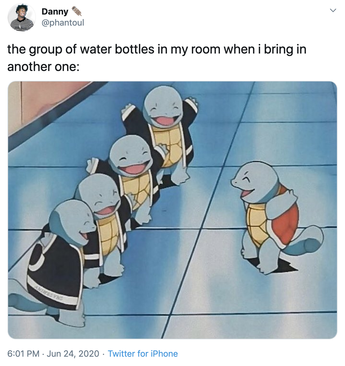 A tweet with the text "the group of water bottles in my room when I bring in another one" and a picture of a Squirtle being greeted by four other Squirtles.