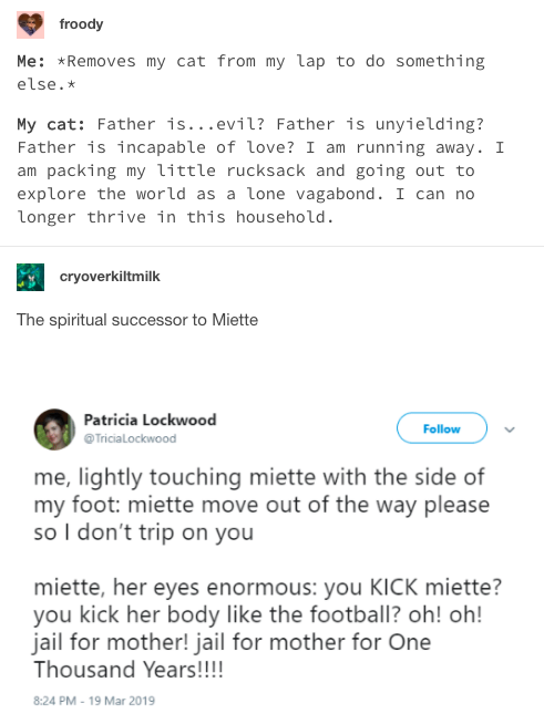 A series of Tumblr posts discussing author Patricia Lockwood's cat, Miette.