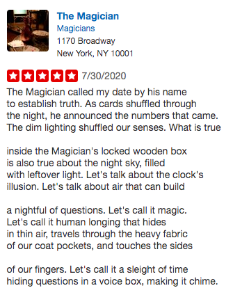 A screenshot of Cindy Tran's Yelp review for The Magician