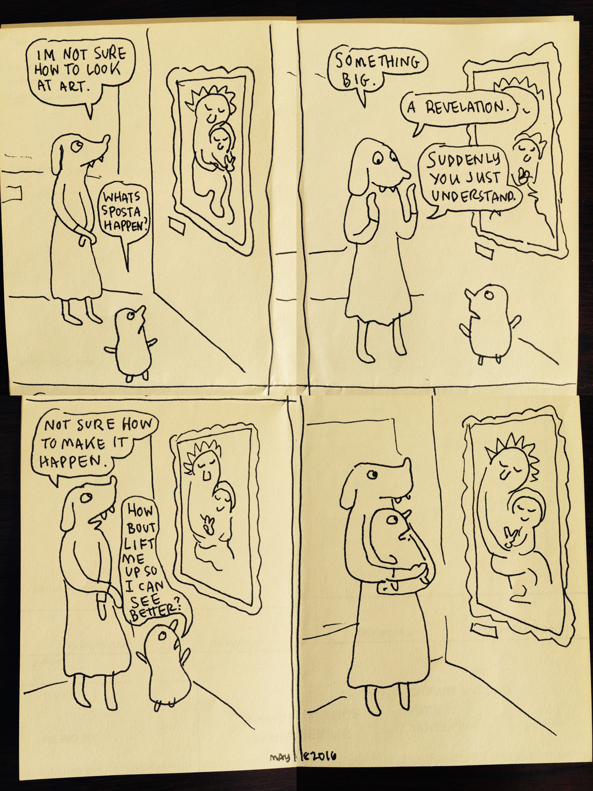 Lynda Barry's comic where two figures discuss how to look at art. They don't know what's supposed to happen, so the taller animal picks up the smaller one, mirroring the tender picture they see on the gallery wall.