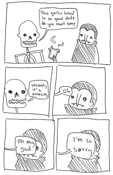 A comic by Alison Zai of a skeleton asking a vampire if it wants garlic bread, then realizing his mistake and apologizing.