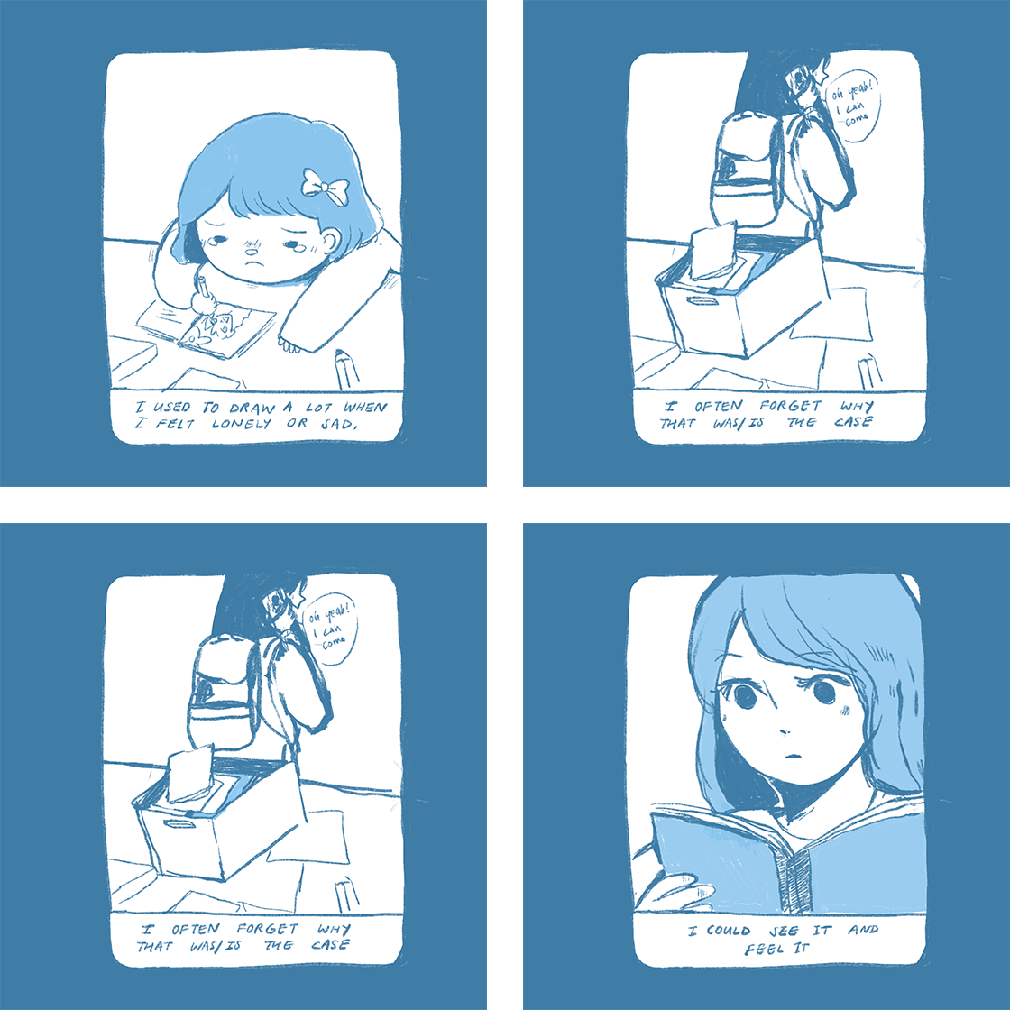 Four panels of a comic by Gu. The text: "I used to draw a lot when I felt lonely or sad. I often forget why that was/is the case. I could see it and feel it."