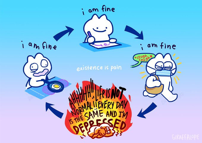 A cartoon illustrating a cartoon's deteriorating mental cycle, saying "existence is pain."