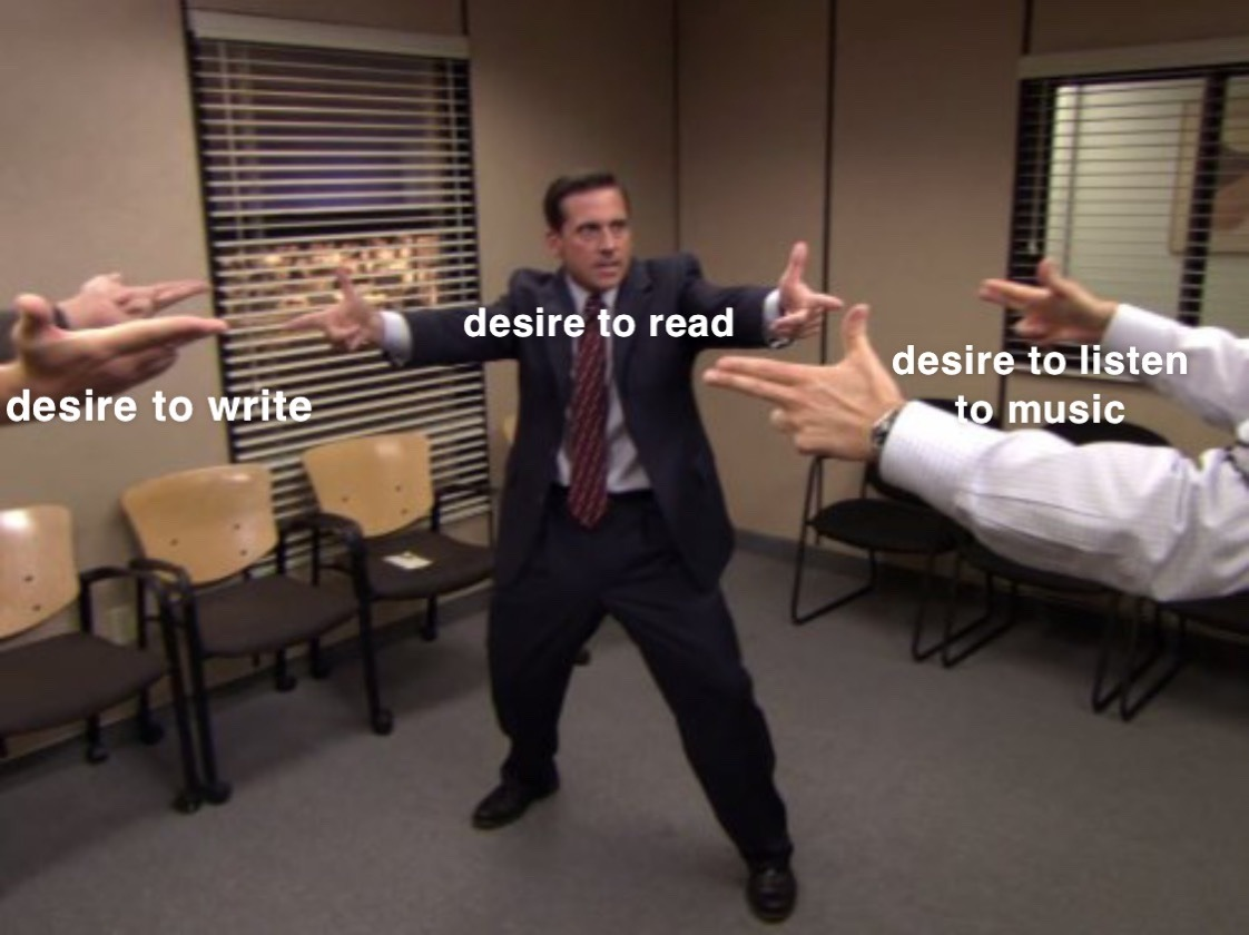 A screenshot from The Office with Michael, Dwight, and Andy in a fake standoff. They're labeled as the competing desires to read, listen to music, and write.