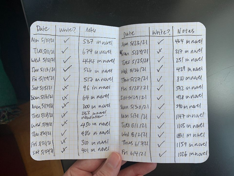 A small Field Notes notebook noting each day I wrote with a checkmark and the word count.