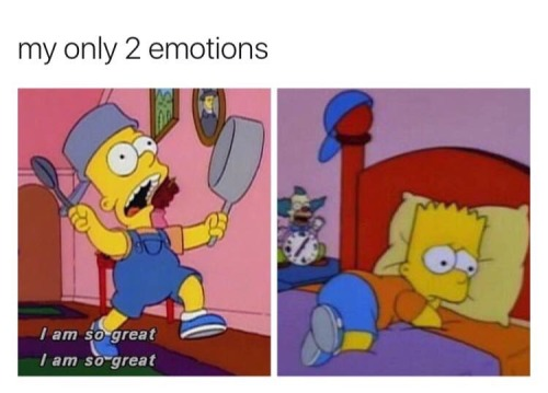 Two images of Bart Simpson capturing "my only 2 emotions": confidence and sadness.