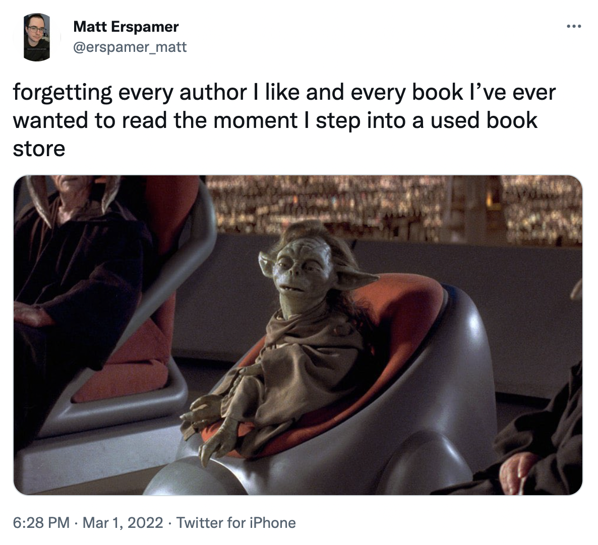 A screenshot of a tweet that says "forgetting every author I like and every book I've ever wanted to read the moment I step into a used bookstore." A picture of a dazed puppet follows.