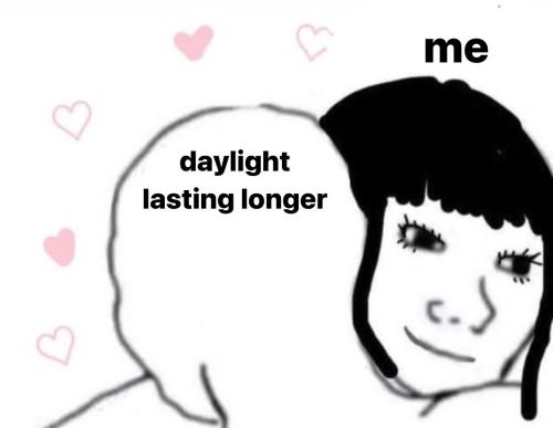 A meme of two people hugging with pink hearts floating around them, respectively labeled "me" embracing "daylight lasting longer."