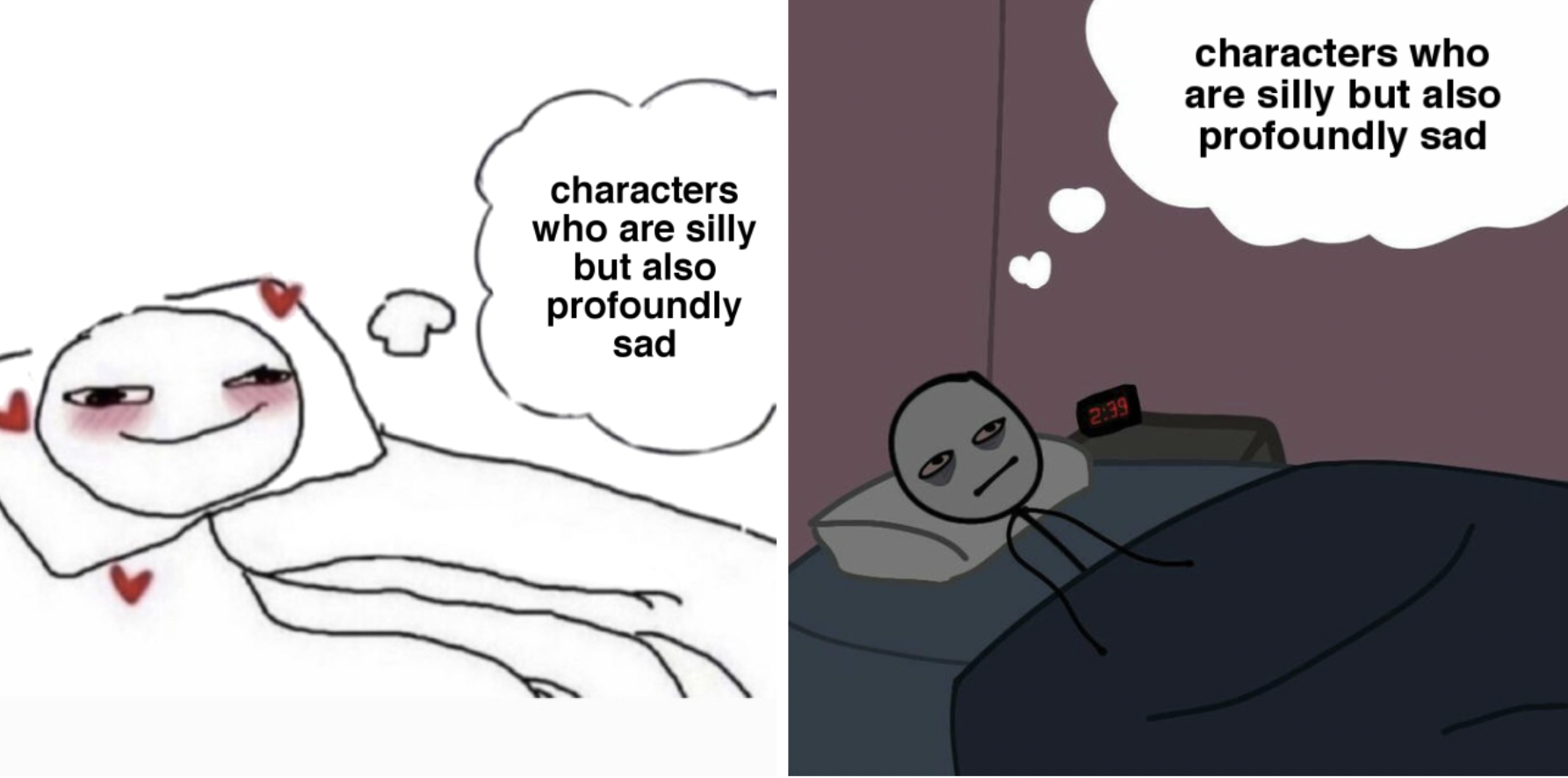 Two pictures of the same stick figure laying down in bed, one with a smile and another distressed, dreaming about "characters who are silly but also profoundly sad."