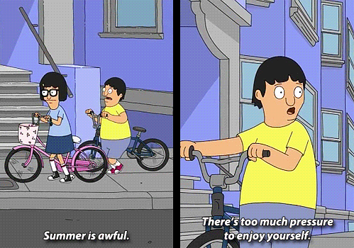 Two screenshots from the TV show Bob's Burgers. Gene Belcher pushes his bike and bemoans, "Summer is awful. There's too much pressure to enjoy yourself."