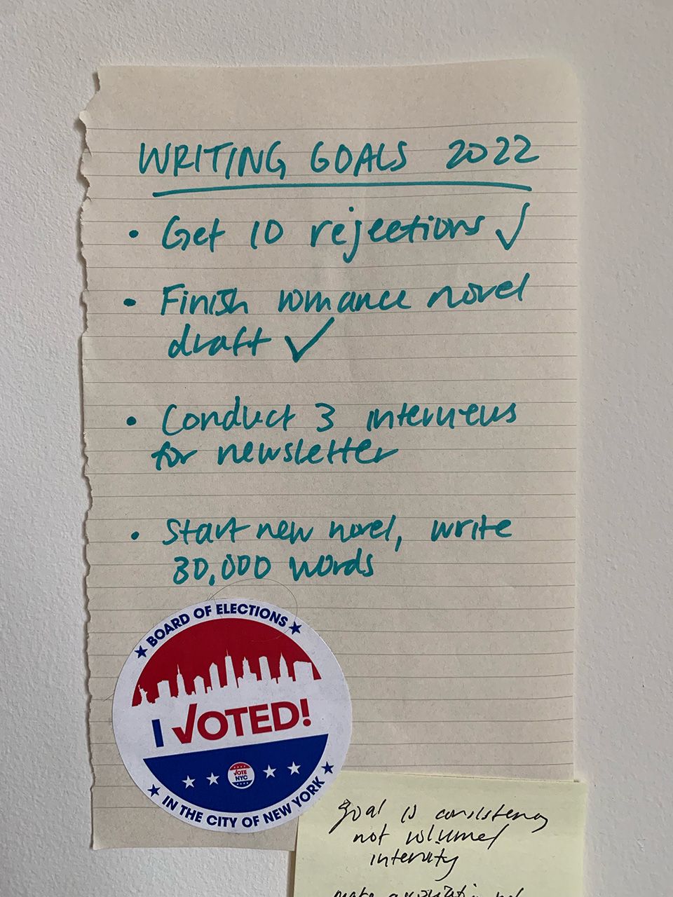 A torn out page of a Moleskine journal that lists Nicole's 2022 writing goals: get 10 rejections, finish romance novel draft, conduct 3 interviews for newsletter, start new novel and write 30,000 words.