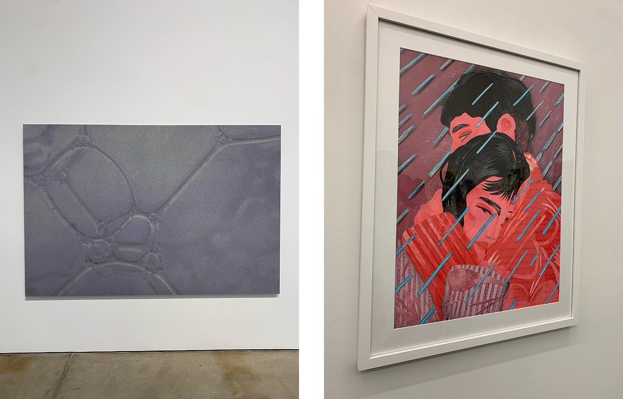 Two pictures of paintings. One is a pointilism painting of purple foam droplets from Tauba Auerbach's Free Will. The other is a painting from David Heo's Mythos depicting an East Asian couple embracing in the rain, depicted in a collage style with red as the predominant color.