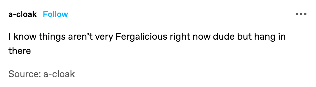 A Tumblr text post that says: "I know things aren't very Fergalicious right now dude but hang in there"