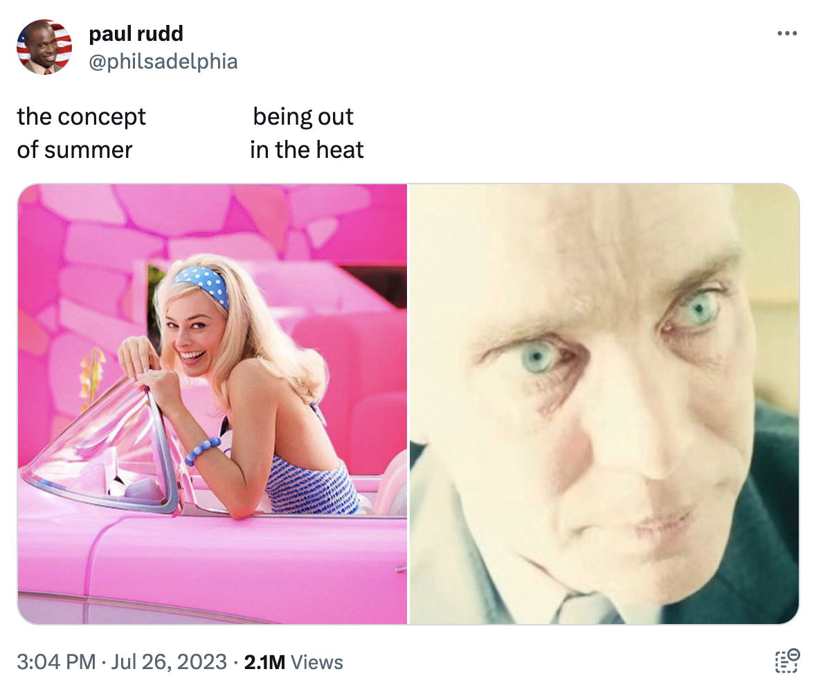 A tweet comparing the concept of summer (represented by a cheerful, well-groomed Barbie) with the reality of being out in the heat (represented by an overexposed, sweaty Oppenheimer)