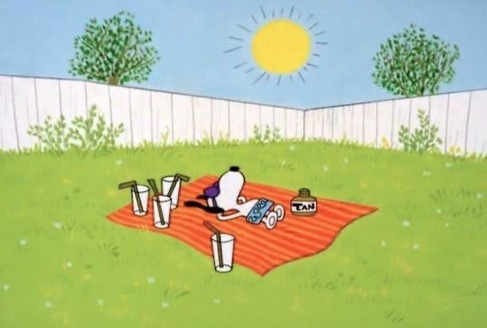 Snoopy tans on an orange towel in the backyard. The sun is high overhead with four empty lemonade glasses strewn about.