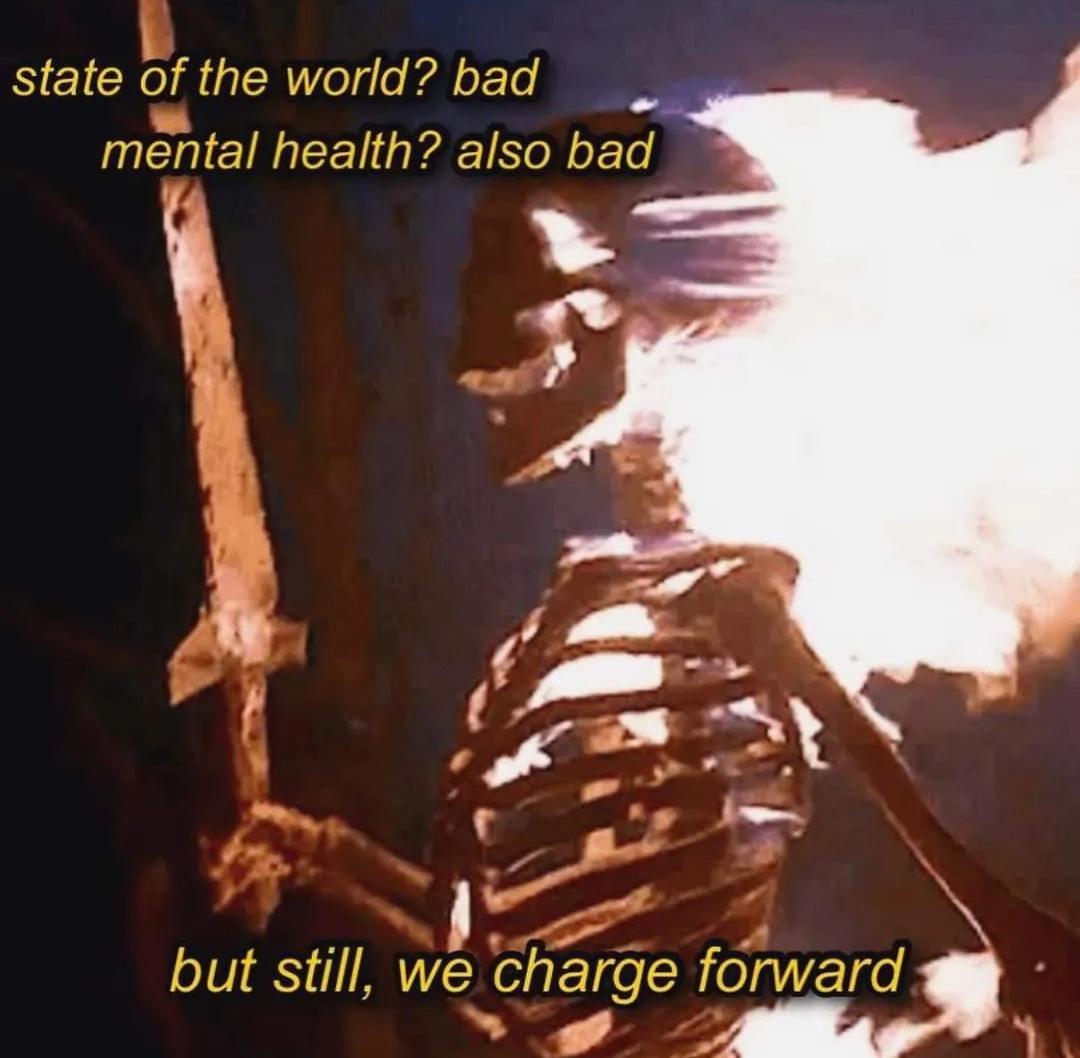 A flaming skeleton wields a sword. The image is captioned, "state of the world? bad. mental health? also bad. but still, we charge forward."