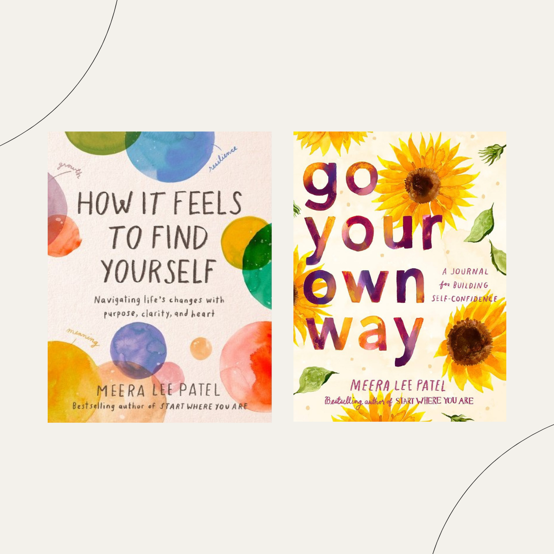 Meera's book covers: "How It Feels to Find Yourself" has a colorful rainbow palette and "Go Your Own Way" has bright sunflowers.