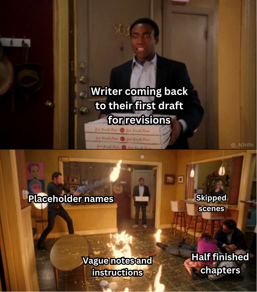 Two screenshots from the TV show community. Troy returns to the apartment with pizza, labeled "writer coming back to their first draft revisions." The room is ablaze and in chaos. Each other character is labeled placeholder names, vague notes and instructions, half-finished chapters, and skipped scenes.