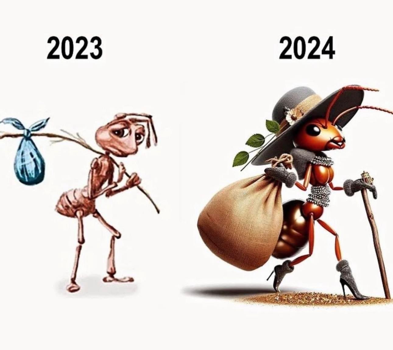 On the left side of the image is the Sad Ant With Bindle meme, labeled 2023. On the right side is 2024, depicted by a swankily dressed ant in heeled boots and a large hat, holding a large burlap sack.