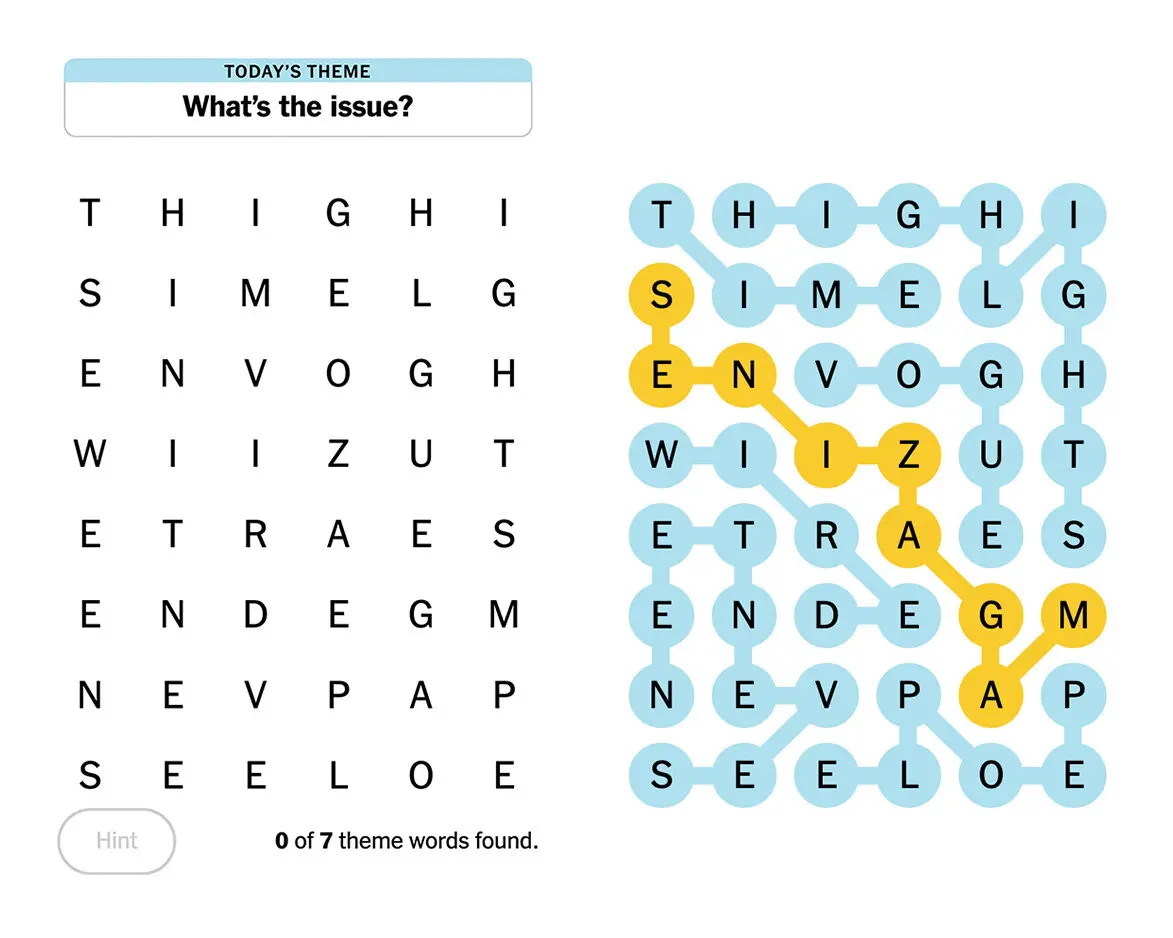Two screenshots of Strands boards, a new word search puzzle, with a daily theme, theme words that appear in light blue, and a "spangram" that appears in yellow