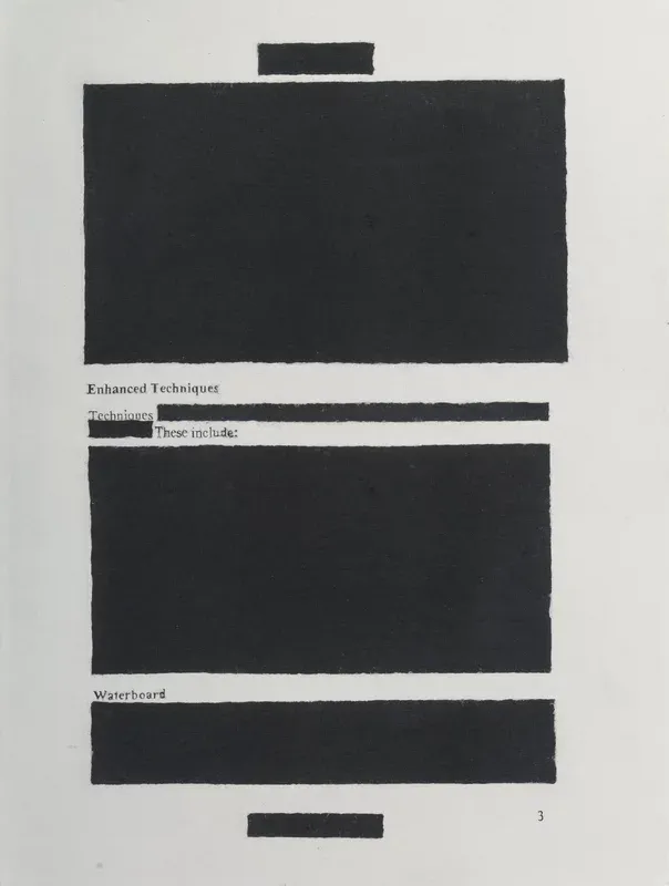 Jenny Holzer's erasure poem, Enhanced Techniques 3, which is a redacted government document so the poem reads: "Enhanced Techniques. Techniques. These include: Waterboard." The page number, 3, is visible in the lower right corner.