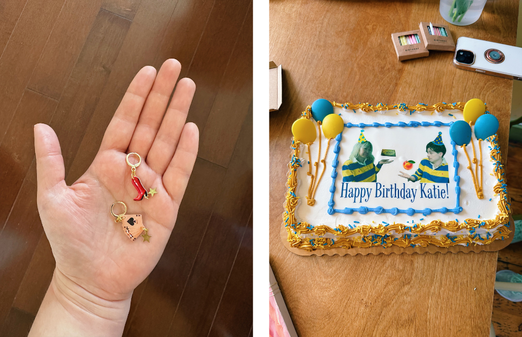 Two images - on the left is two charm earrings of a deck of cards and a red cowboy boot, on the right is a blue and yellow grocery store birthday cake with a woman Photoshopped next to Timothee Chalamet