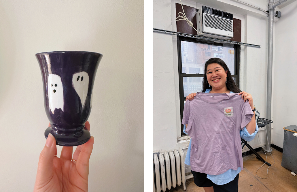 Two images - on the left is a dark purple glazed cup with ghosts, on the right is Nicole holding a purple t-shirt with a pink donut embroidered on the chest