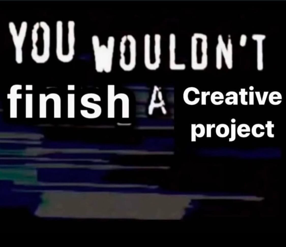 A spoof of the 2000s anti-piracy warning, which says "You wouldn't finish a creative project."