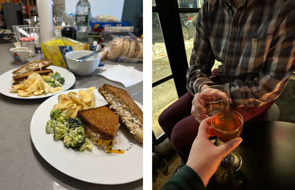 Two images - on the left, tuna sandwiches, chips, and broccoli, and on the right, celebratory cocktails at the end of the weekend